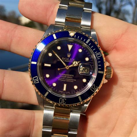 rolex submariner gold purple dial|Rolex gold submariner blue face.